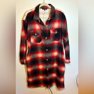 Flannel Shirt Dress Two Tone Soft Side Slits Full Button Down Size Large